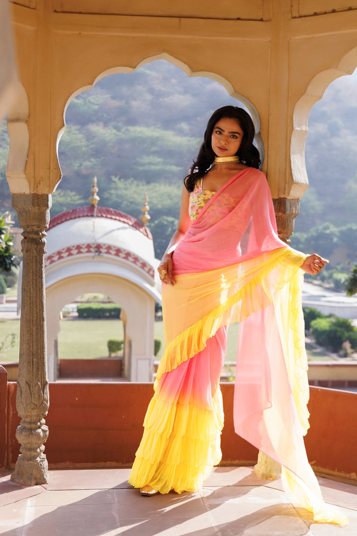Yellow-Pink Pre-Draped Ruffled Ombre Chiffon Saree
