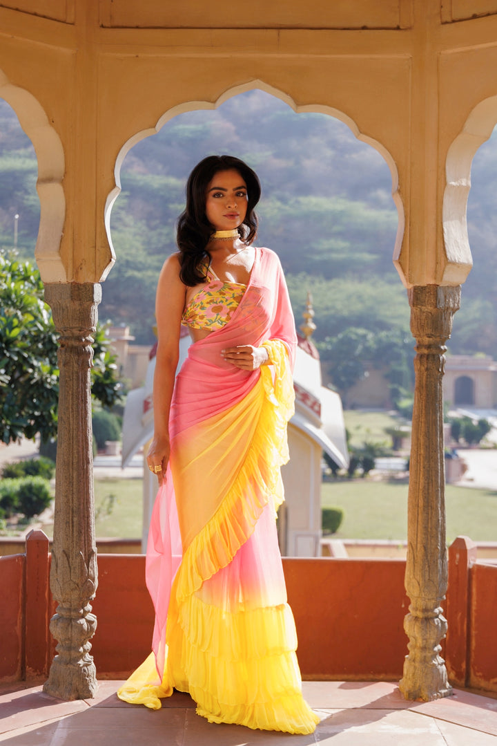 Yellow-Pink Pre-Draped Ruffled Ombre Chiffon Saree