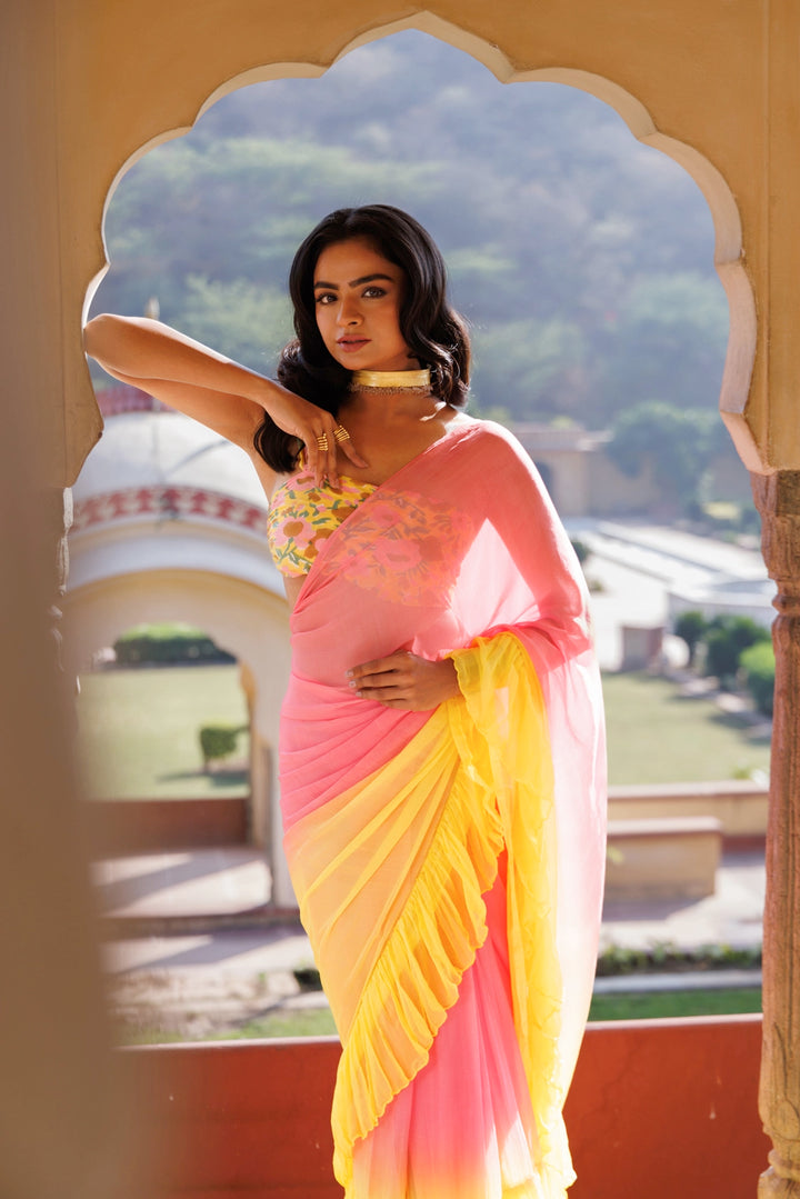 Yellow-Pink Pre-Draped Ruffled Ombre Chiffon Saree