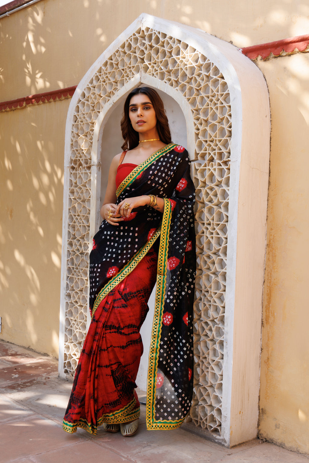 Red-Black Shibori Bandhani Draped Silk Saree