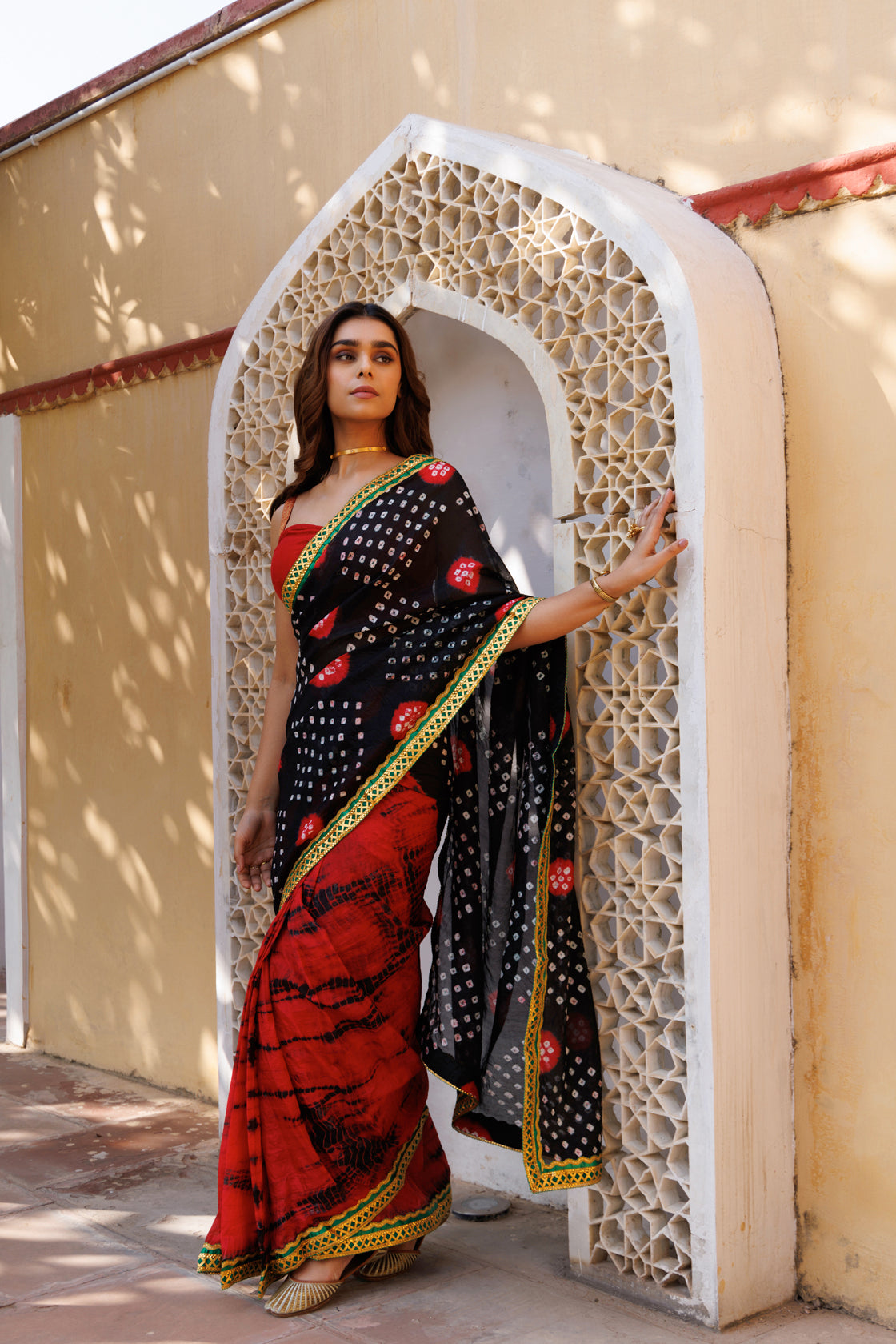 Red-Black Shibori Bandhani Draped Silk Saree