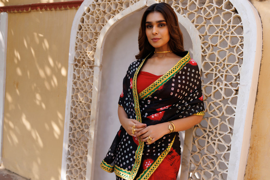 Red-Black Shibori Bandhani Draped Silk Saree