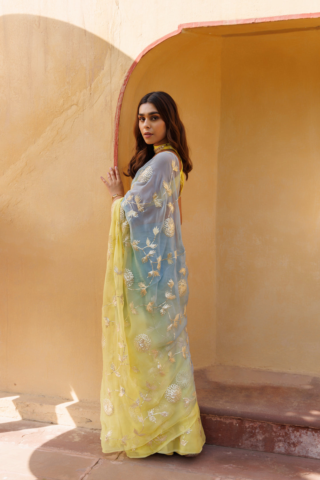 Yellow Handcrafted Gota Patti Organza Saree – Geroo Jaipur