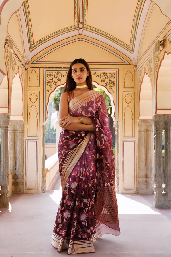 Wine Shaded Handwoven zari work pure kota silk Saree