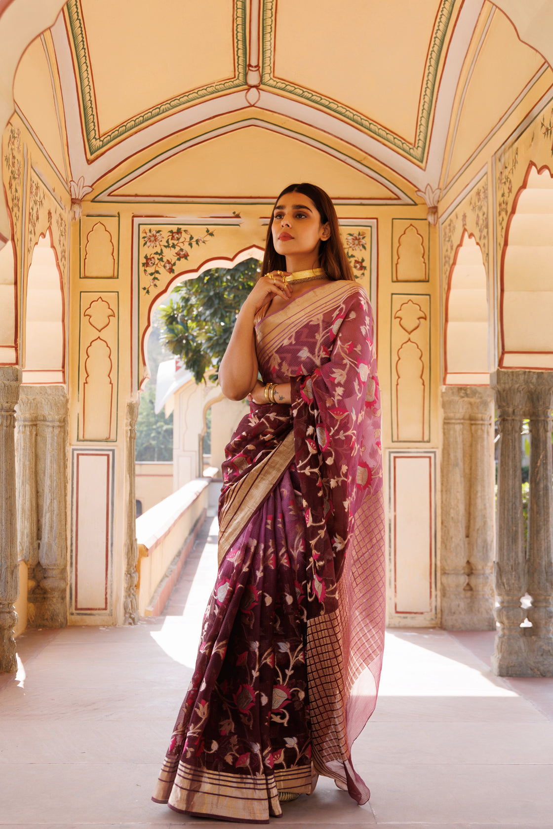Wine Shaded Handwoven Zari Work Pure Kota Silk Saree