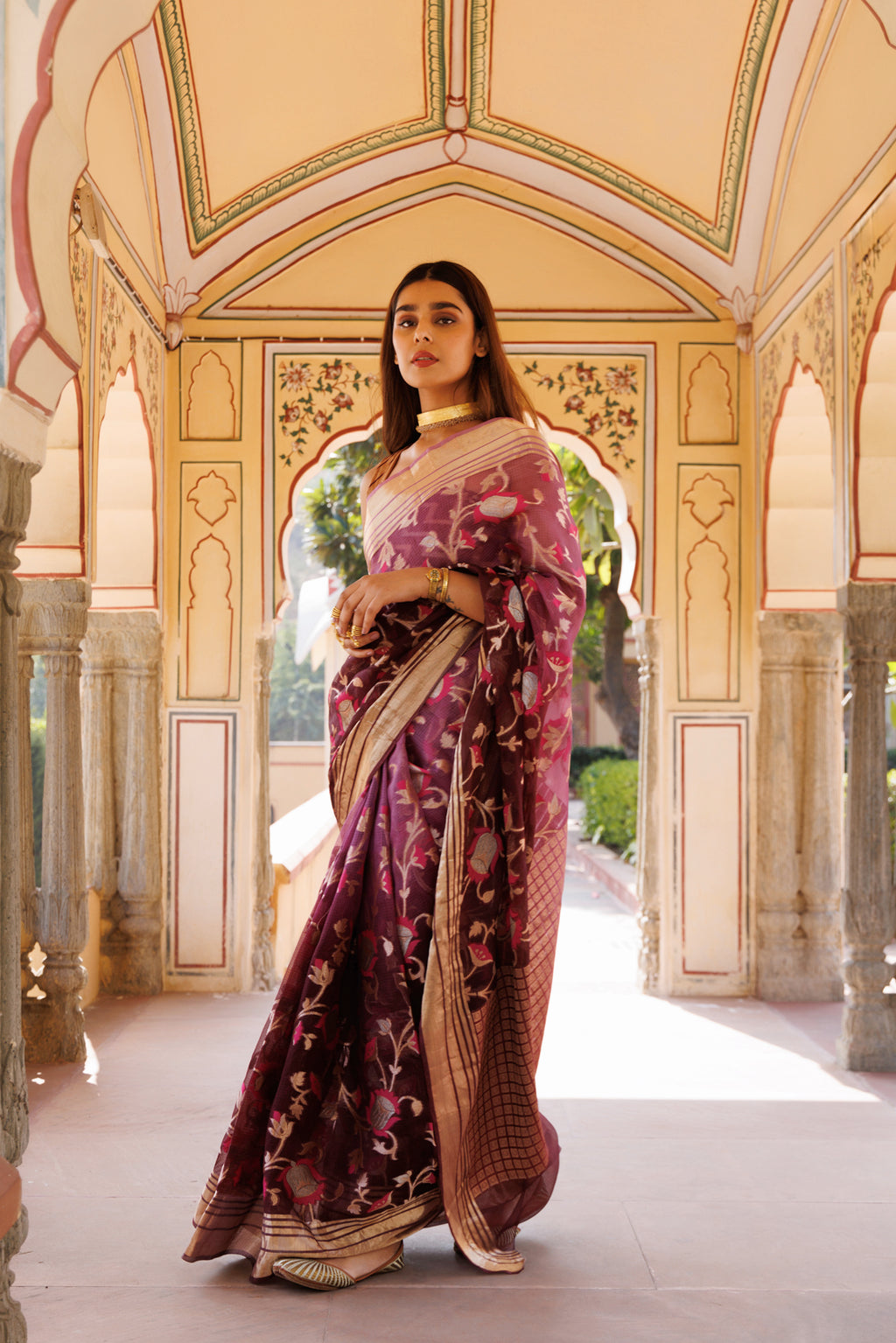 Wine Shaded Handwoven Zari Work Pure Kota Silk Saree