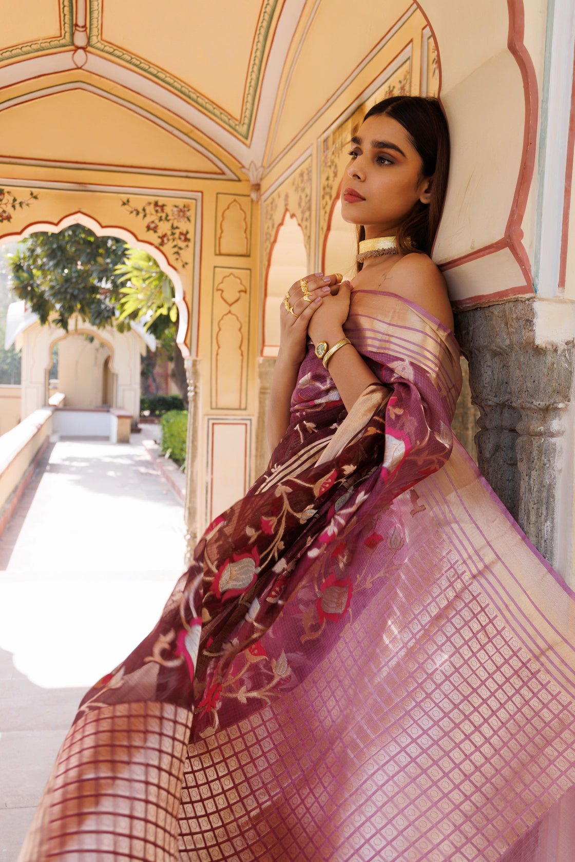 Wine Shaded Handwoven Zari Work Pure Kota Silk Saree