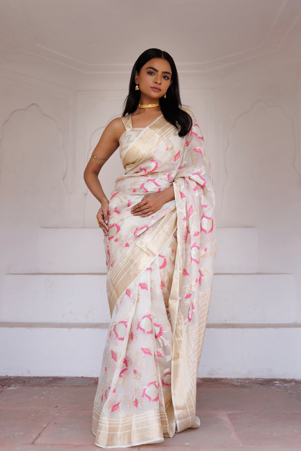 Off White Hand Woven Pure Kota Silk Saree