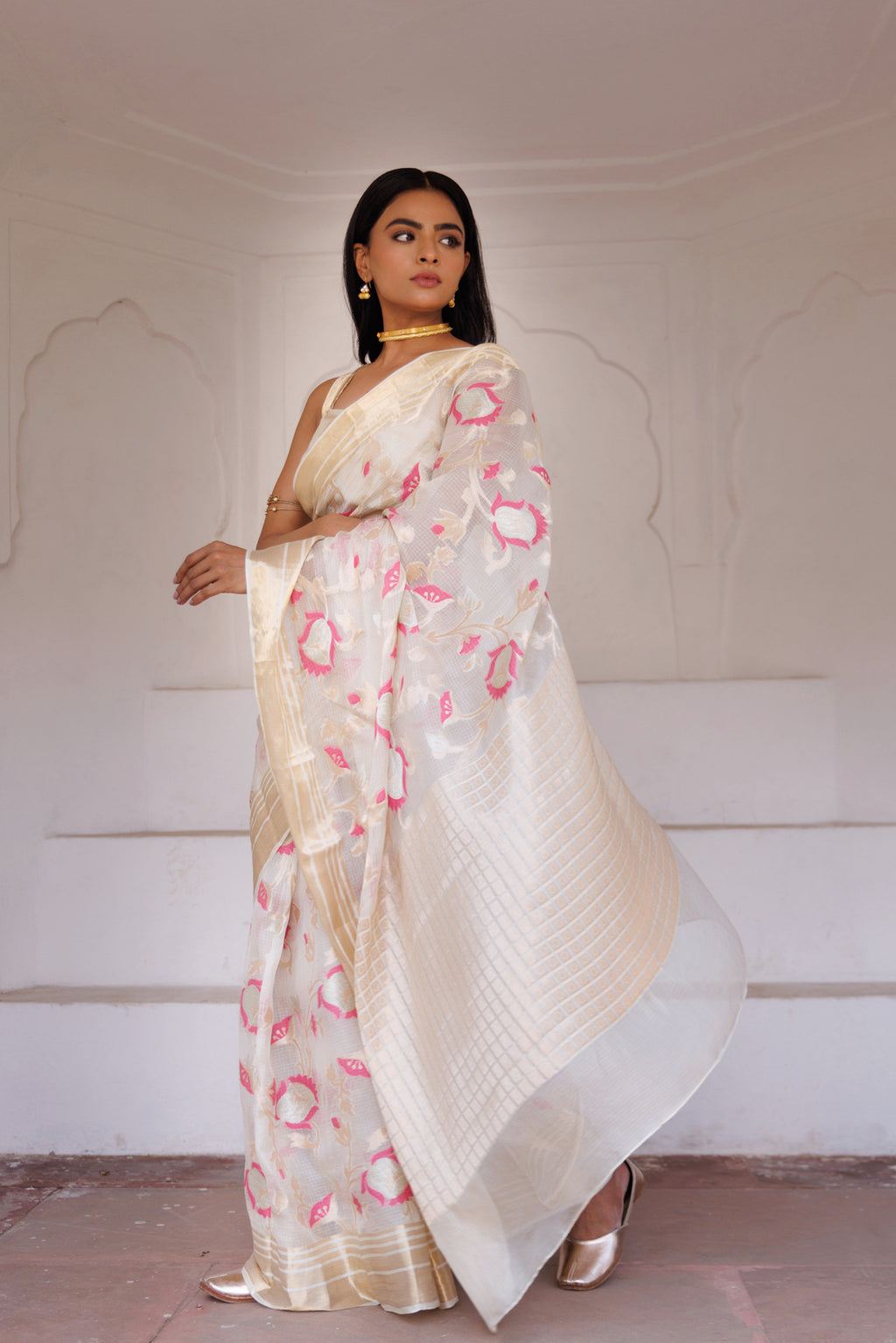 Off White Handwoven Zari Work Pure Kota Silk Saree