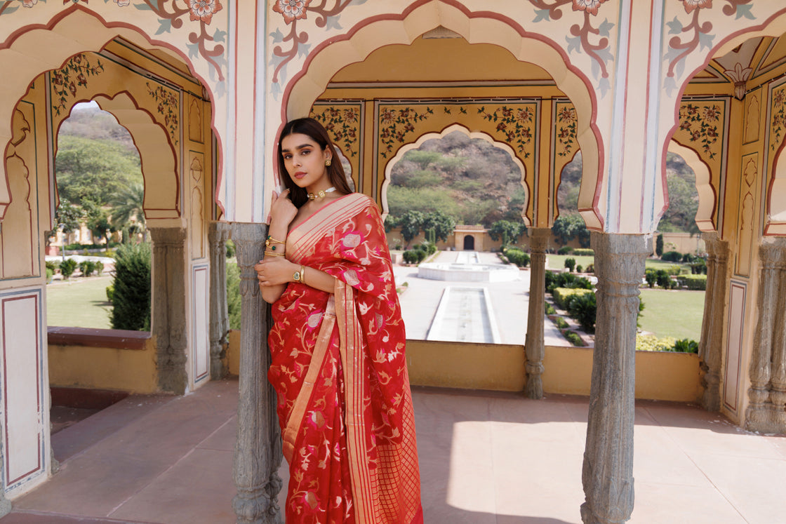 Red Shaded Hand Woven Pure Kota Silk Saree