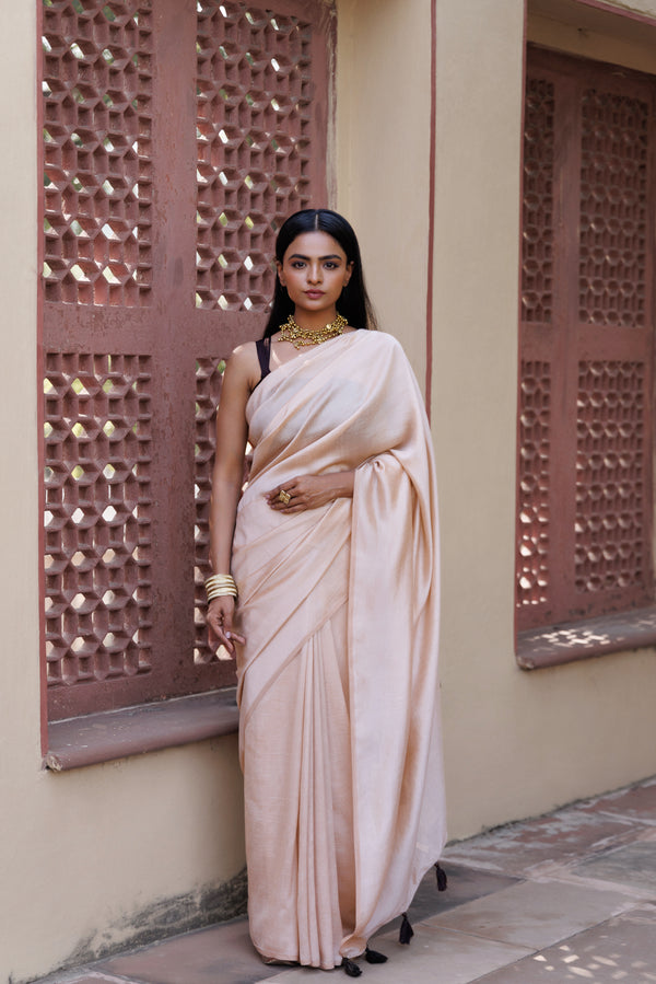 Beige Solid Textured Silk Saree