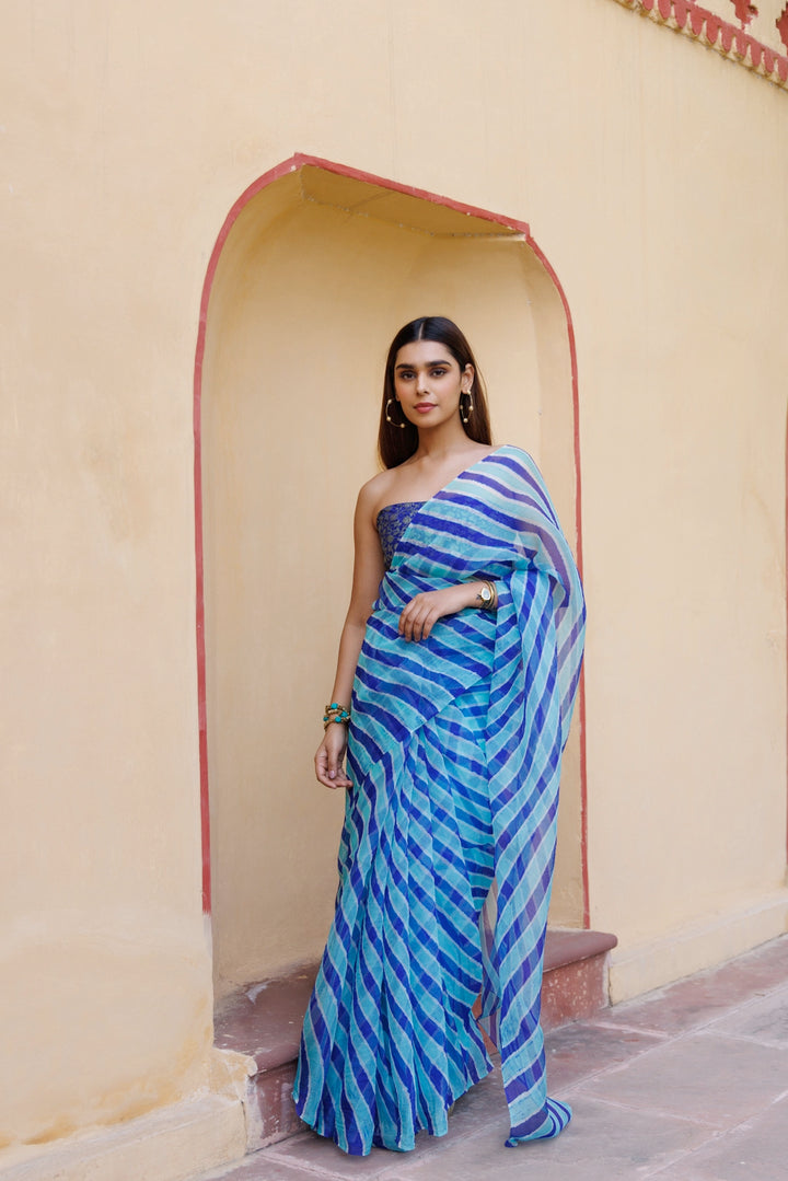 Blue & Turquoise Organza Hand-Dyed Leheriya Saree