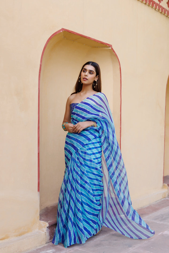 Blue & Turquoise Organza Hand-Dyed Leheriya Saree