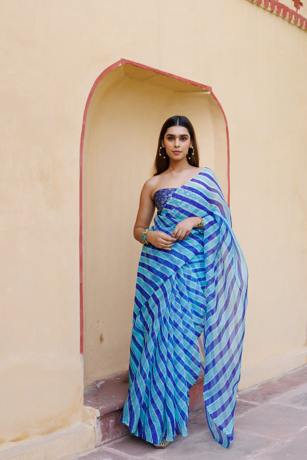 Blue & Turquoise Organza Hand-Dyed Leheriya Saree