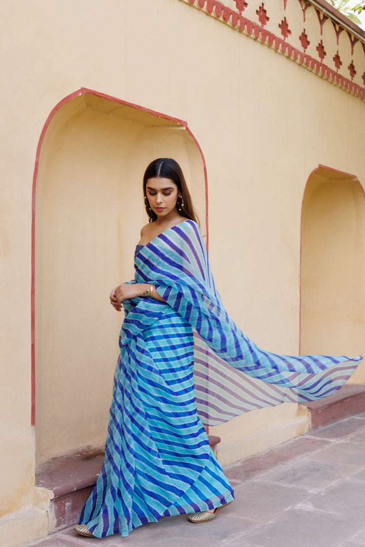 Blue & Turquoise Organza Hand-Dyed Leheriya Saree