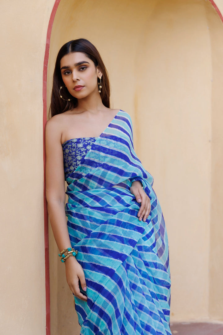 Blue & Turquoise Organza Hand-Dyed Leheriya Saree
