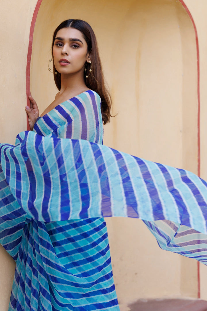 Blue & Turquoise Organza Hand-Dyed Leheriya Saree