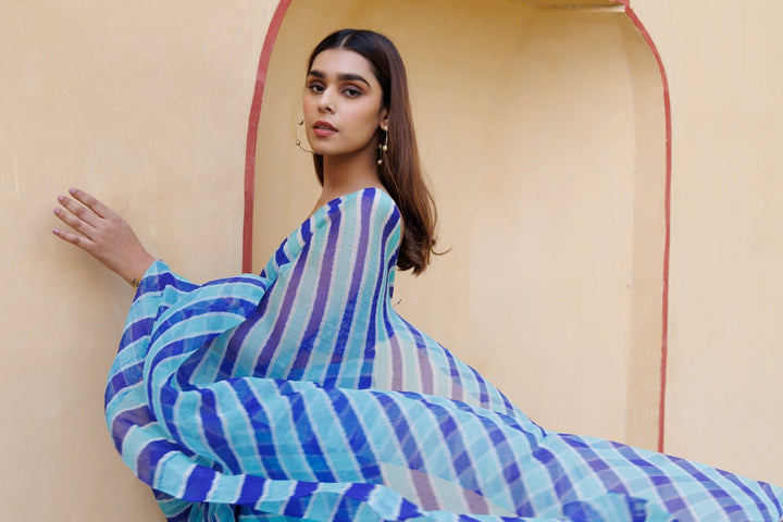 Blue & Turquoise Organza Hand-Dyed Leheriya Saree