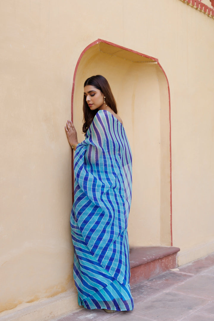 Blue & Turquoise Organza Hand-Dyed Leheriya Saree