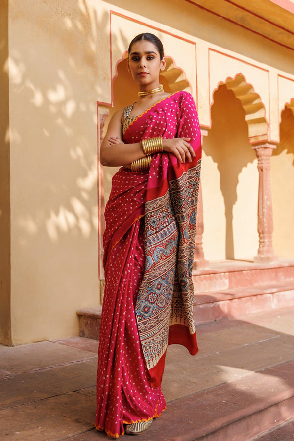 Magenta PinkHandwoven Ajrakh Bandhani Pure Silk Saree