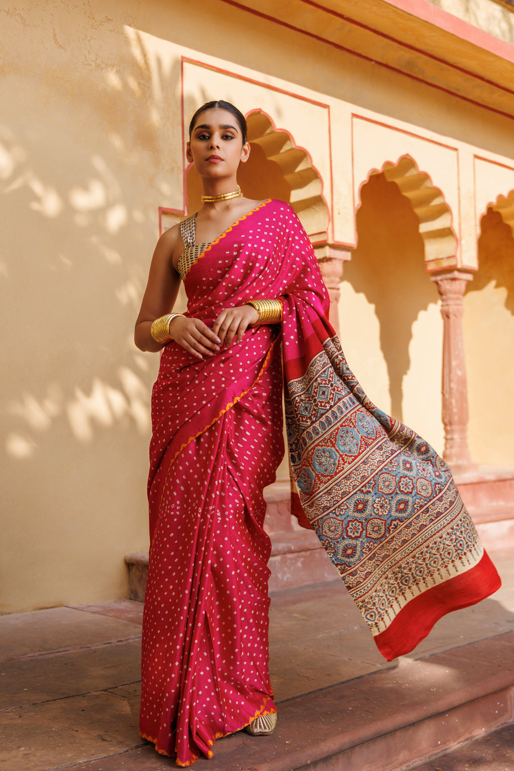 Magenta Ajrakh & Bandhani Hand-Block Print Zari Work Gajji Silk Saree
