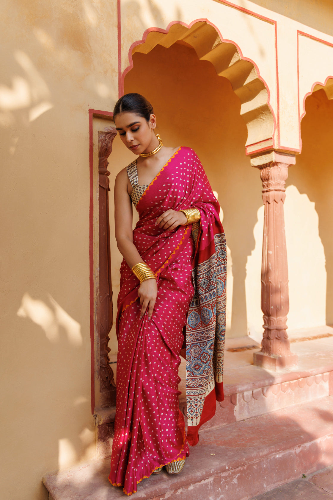 Magenta Ajrakh & Bandhani Hand-Block Print Zari Work Gajji Silk Saree
