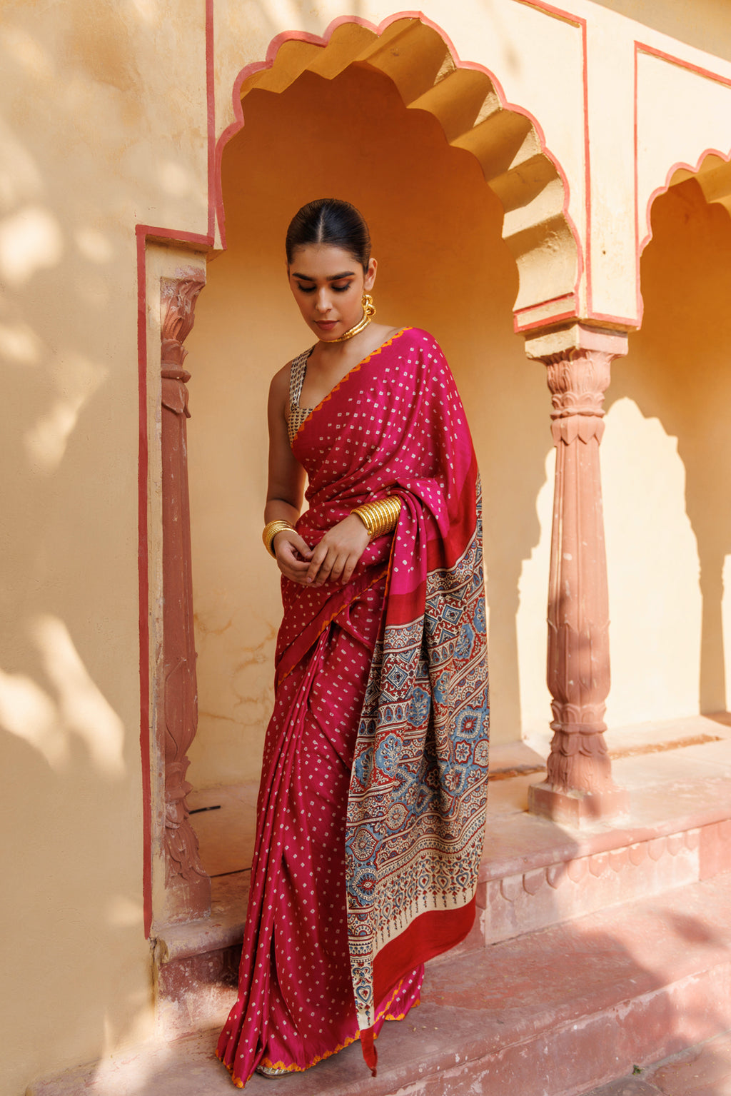 Magenta Ajrakh & Bandhani Hand-Block Print Zari Work Gajji Silk Saree