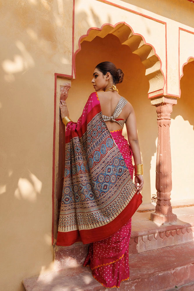 Magenta PinkHandwoven Ajrakh Bandhani Pure Silk Saree