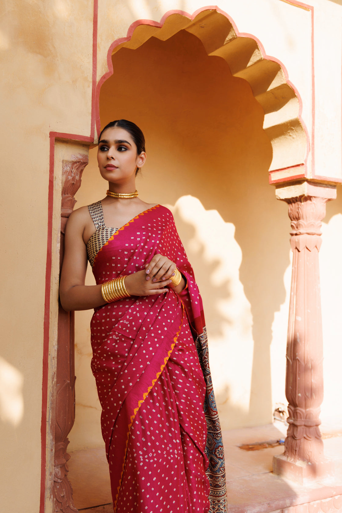 Magenta Ajrakh & Bandhani Hand-Block Print Zari Work Gajji Silk Saree