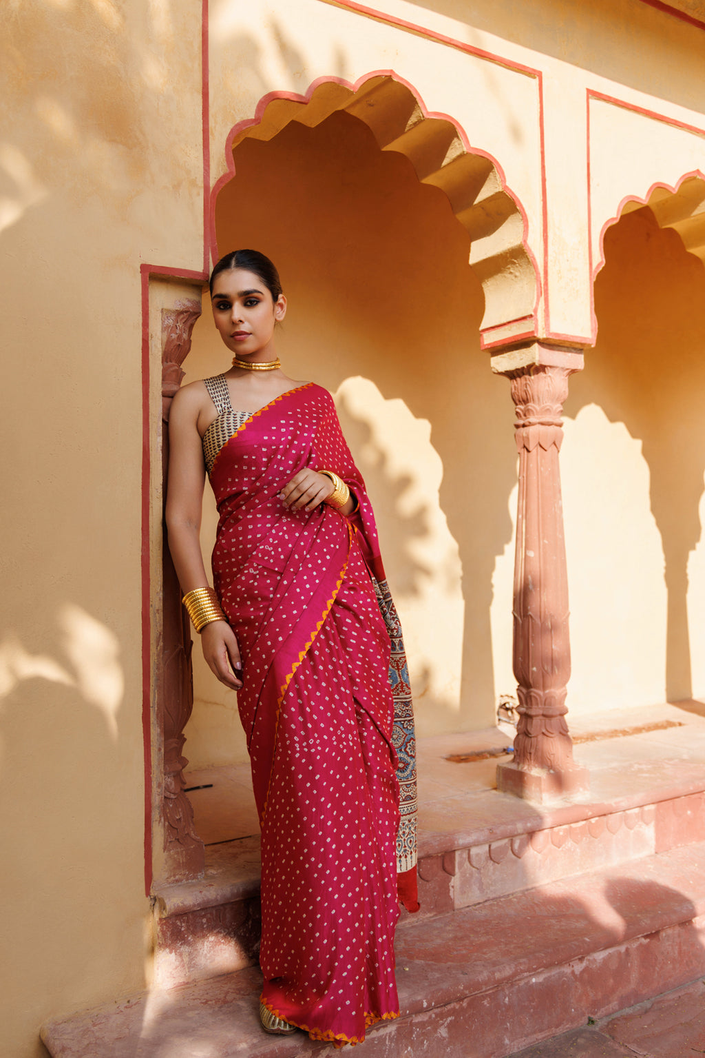 Magenta Ajrakh & Bandhani Hand-Block Print Zari Work Gajji Silk Saree