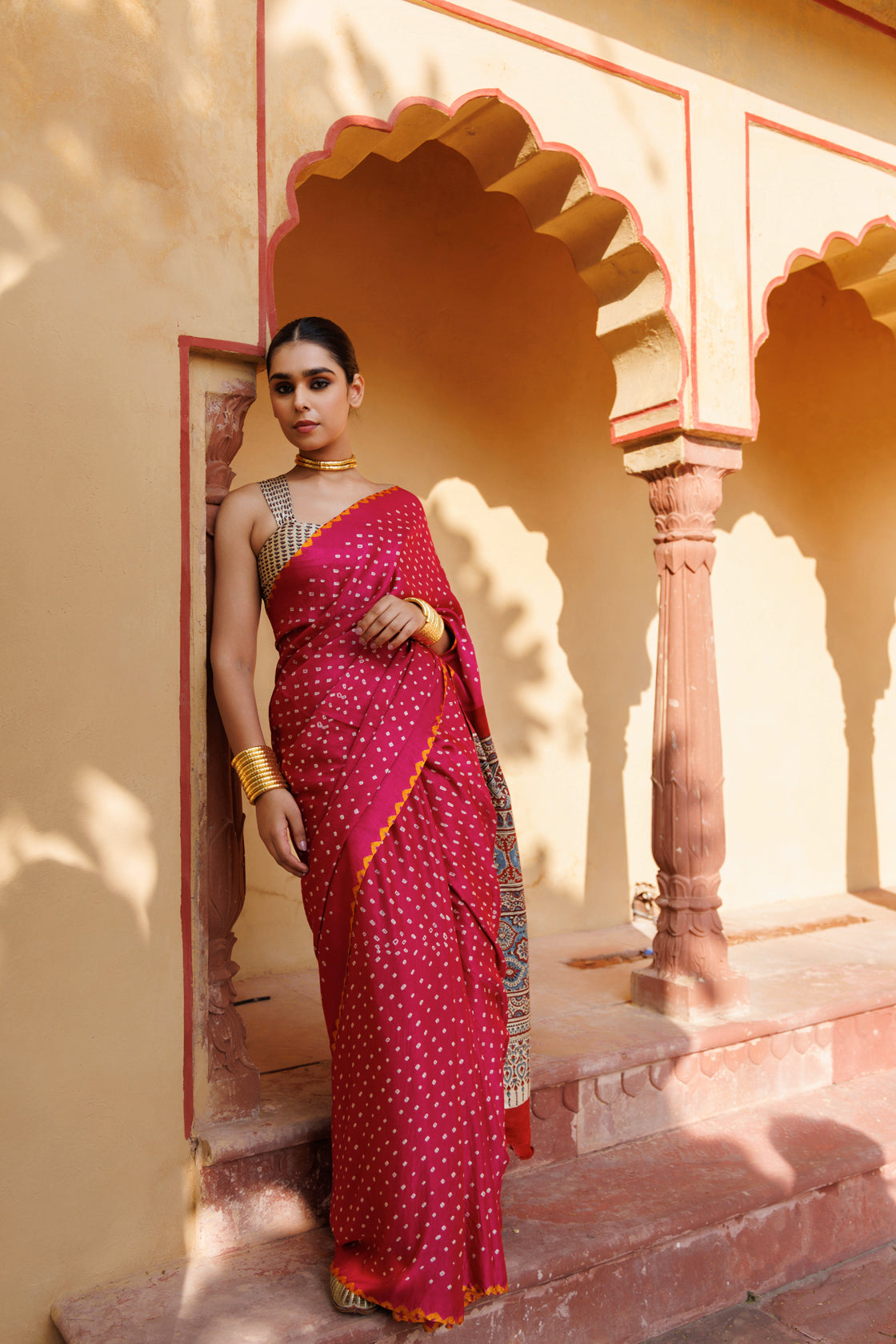 Magenta Ajrakh & Bandhani Hand-Block Print Zari Work Gajji Silk Saree