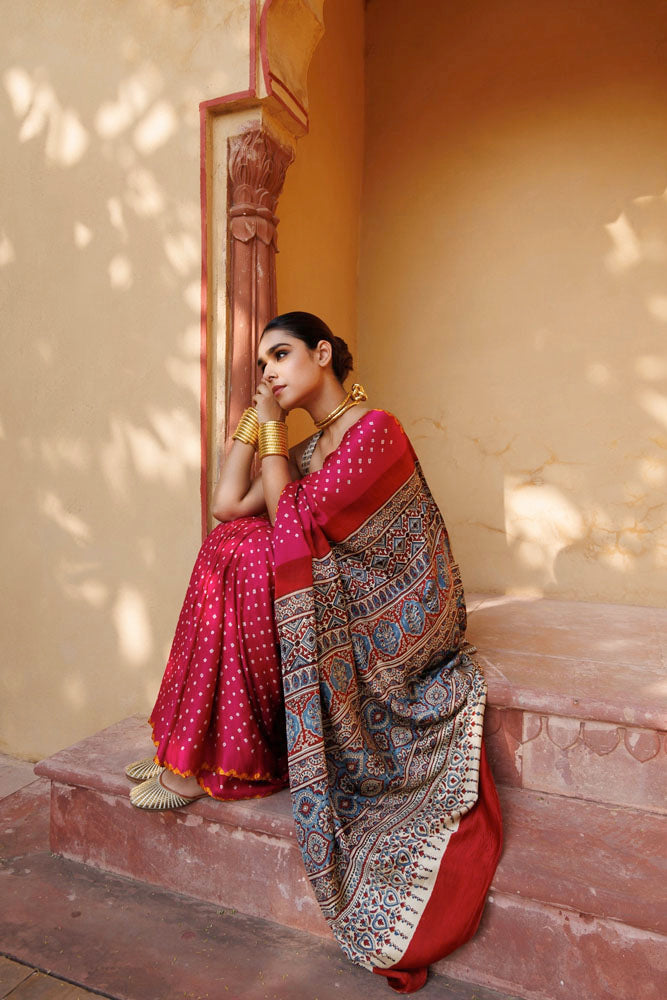 Magenta PinkHandwoven Ajrakh Bandhani Pure Silk Saree