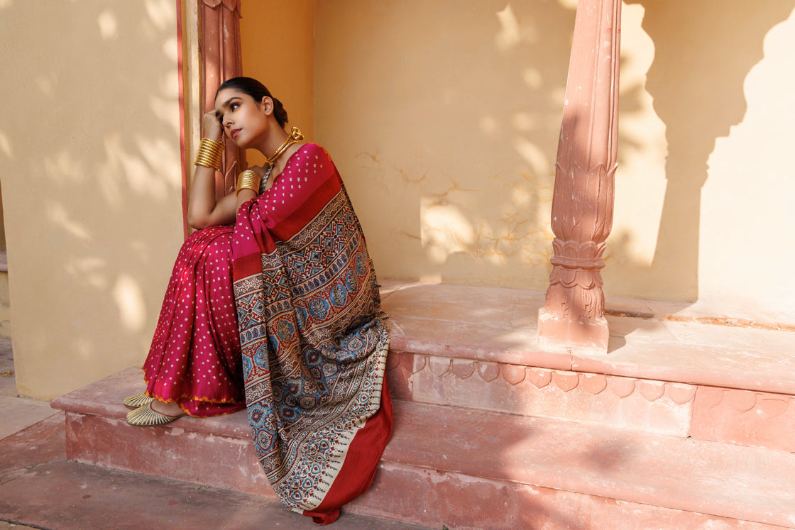 Magenta Ajrakh & Bandhani Hand-Block Print Zari Work Gajji Silk Saree