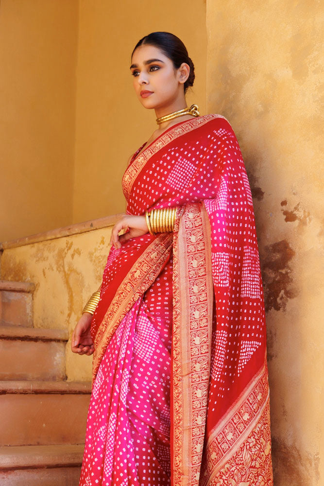 Red-Pink Handwoven Ajrakh Bandhani Pure Silk Saree