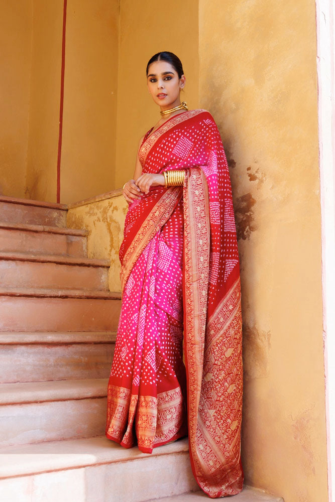 Red-Pink Handwoven Ajrakh Bandhani Pure Silk Saree