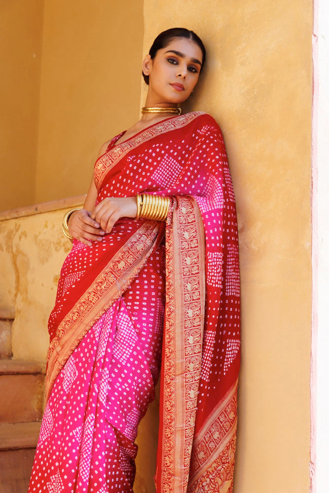 Red-Pink Handwoven Ajrakh Bandhani Pure Silk Saree