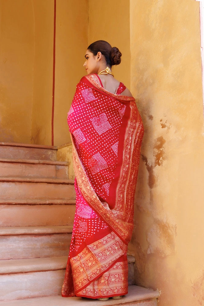 Red-Pink Handwoven Ajrakh Bandhani Pure Silk Saree