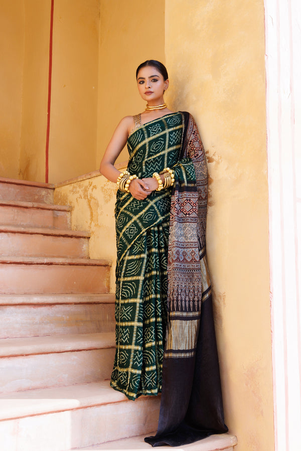 Green Pure Bandhani Gharchola Zari Silk Saree with Ajrakh Pallu