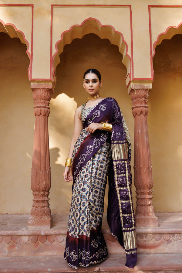 Wine Ajrakh Handblock Pure Bandhani Silk Saree with Zari Gharchola Pallu