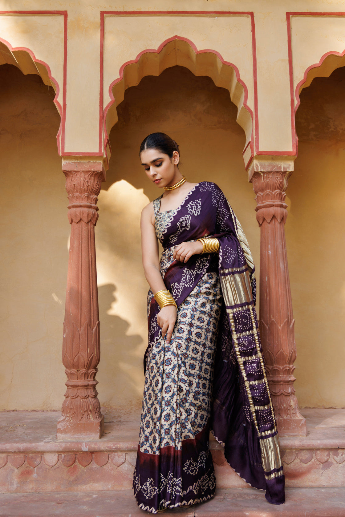 Handcrafted Wine Silk Saree with Ajrakh & Bandhani Work