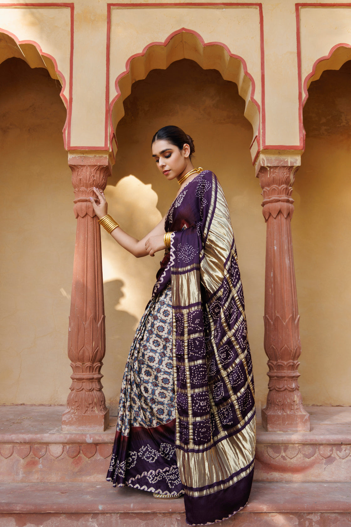 Handcrafted Wine Silk Saree with Ajrakh & Bandhani Work