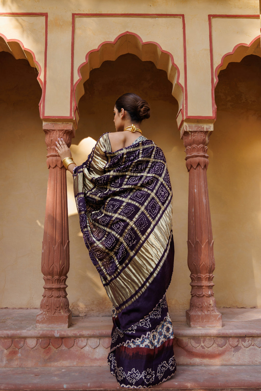 Handcrafted Wine Silk Saree with Ajrakh & Bandhani Work