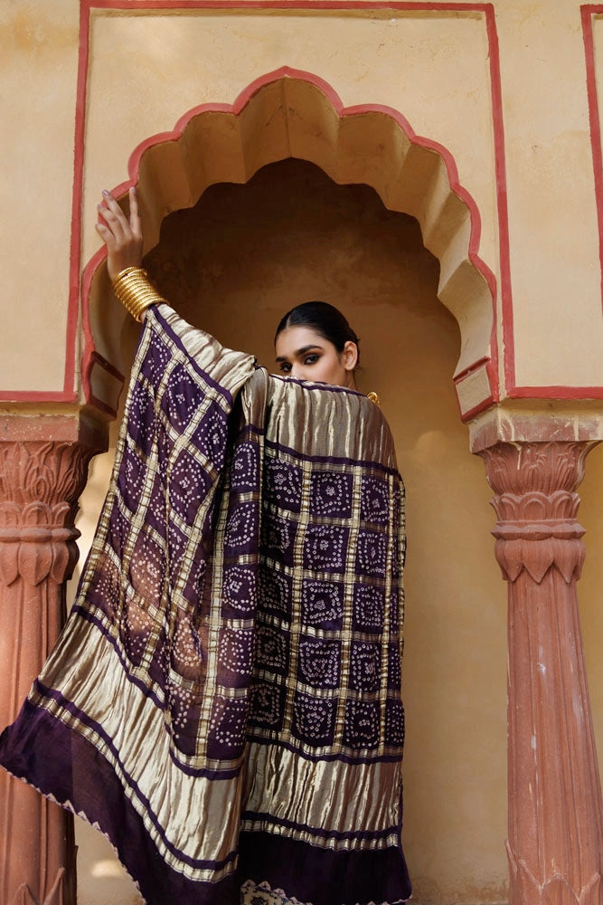 Wine Handwoven Ajrakh Bandhani Pure Silk Saree
