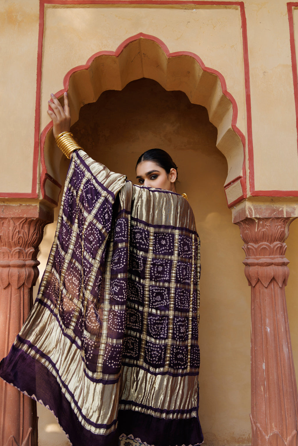 Handcrafted Wine Silk Saree with Ajrakh & Bandhani Work