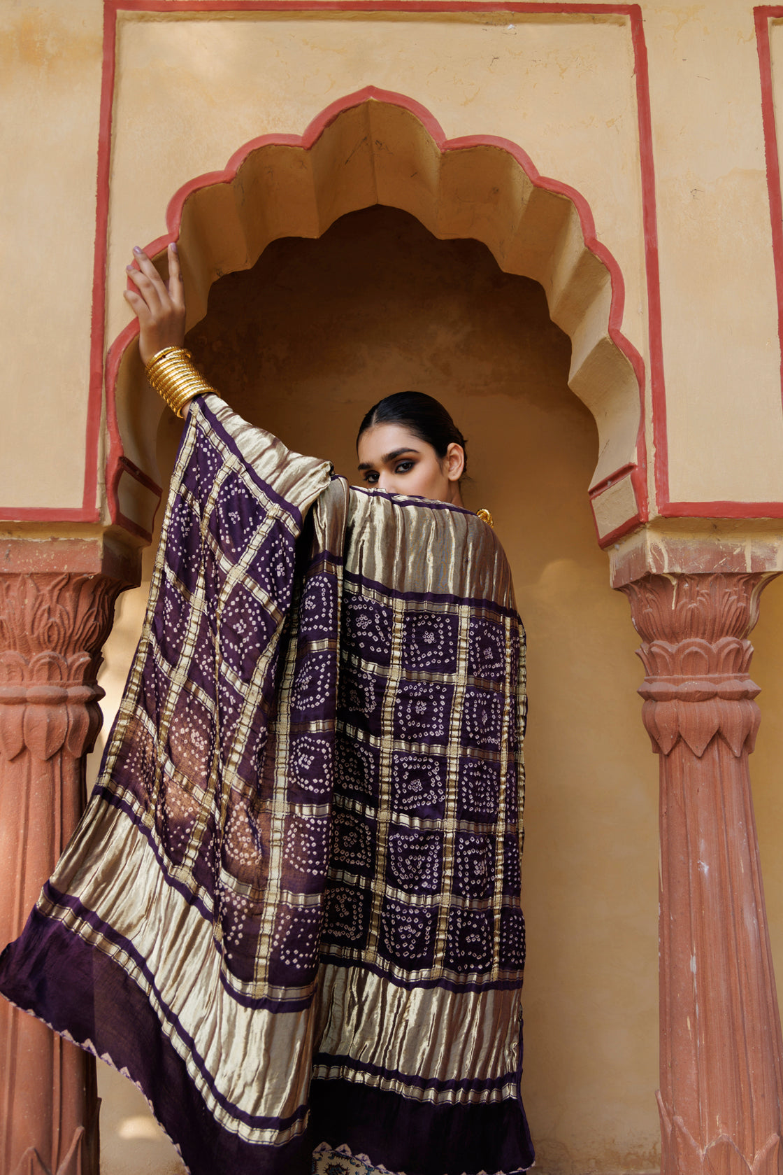 Handcrafted Wine Silk Saree with Ajrakh & Bandhani Work