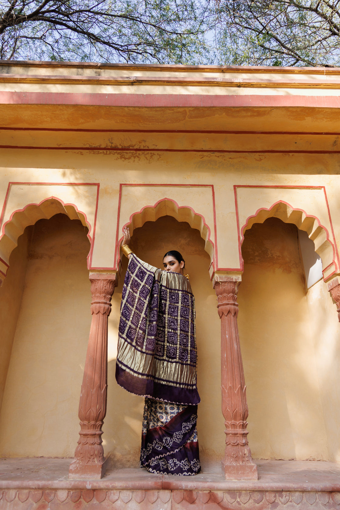 Handcrafted Wine Silk Saree with Ajrakh & Bandhani Work