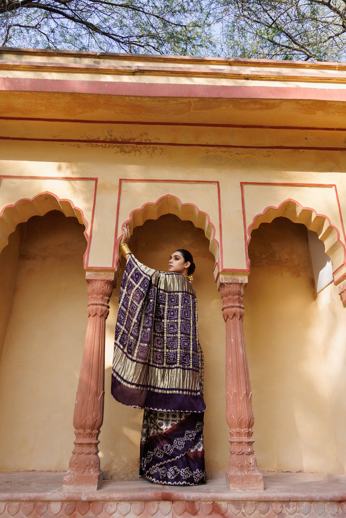 Handcrafted Wine Silk Saree with Ajrakh & Bandhani Work