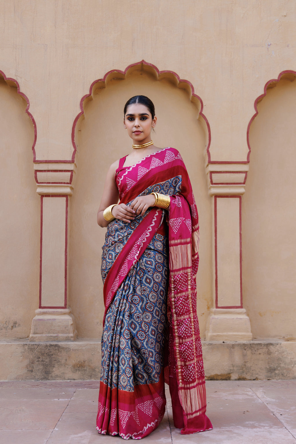 Pink Handwoven Ajrakh Bandhani Pure Silk Saree