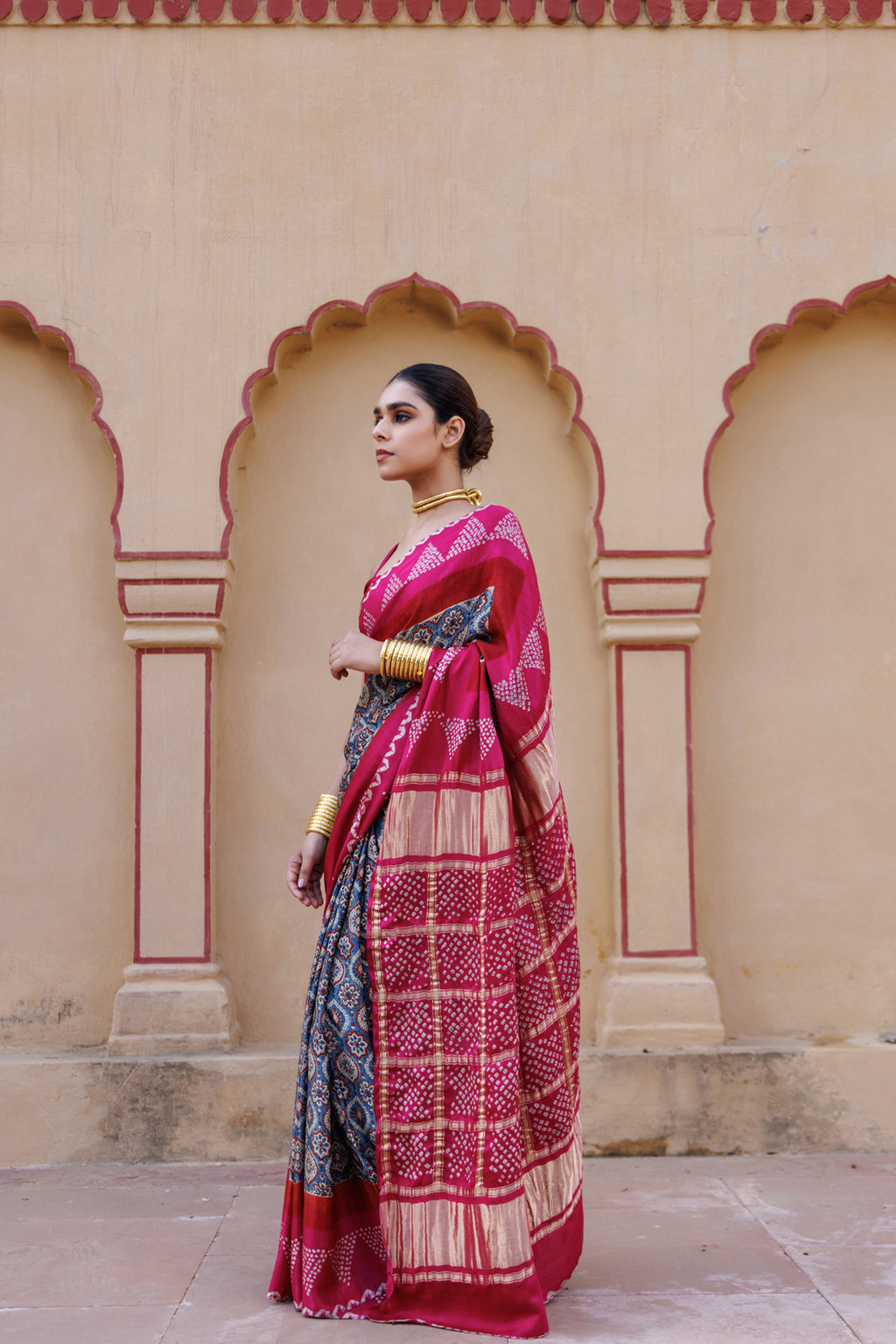 Pink Handwoven Ajrakh Bandhani Pure Silk Saree