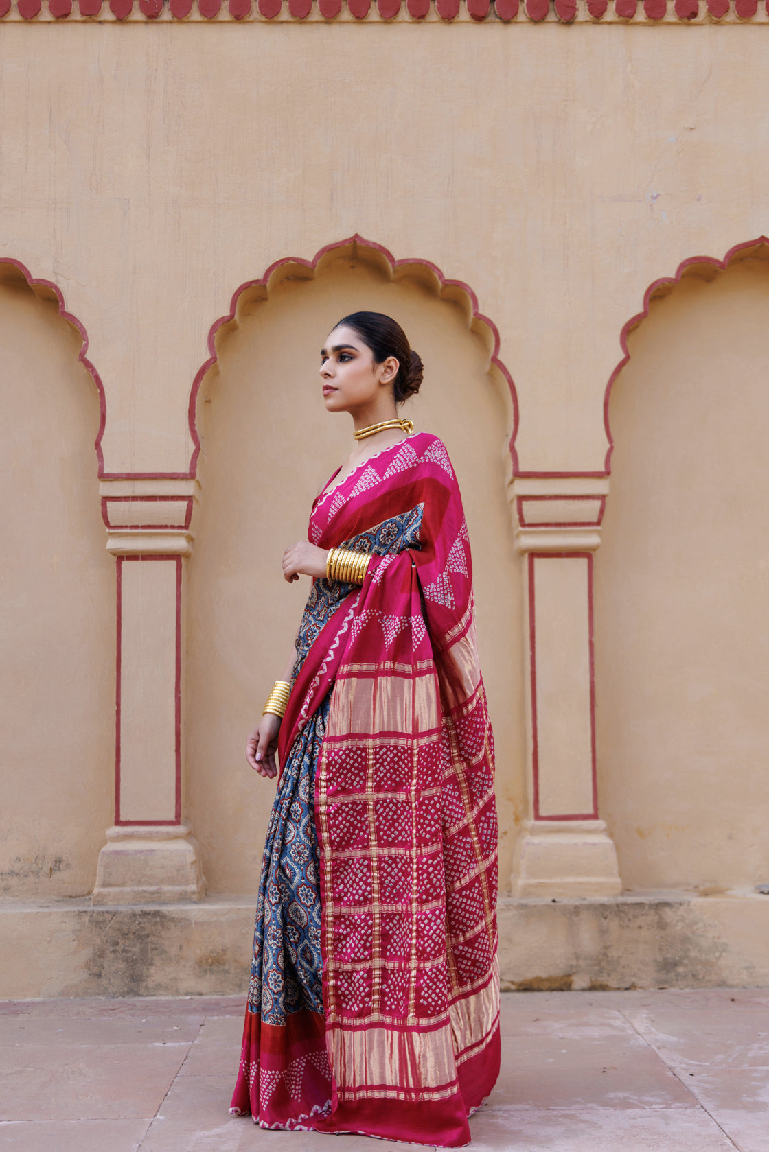Pink Handwoven Ajrakh Bandhani Pure Silk Saree